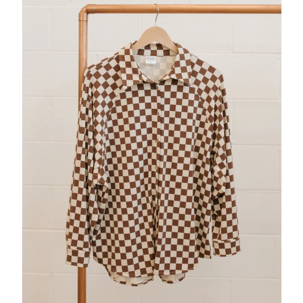 Jax & Lennon Jersey Button Up Top in Cocoa Checkers